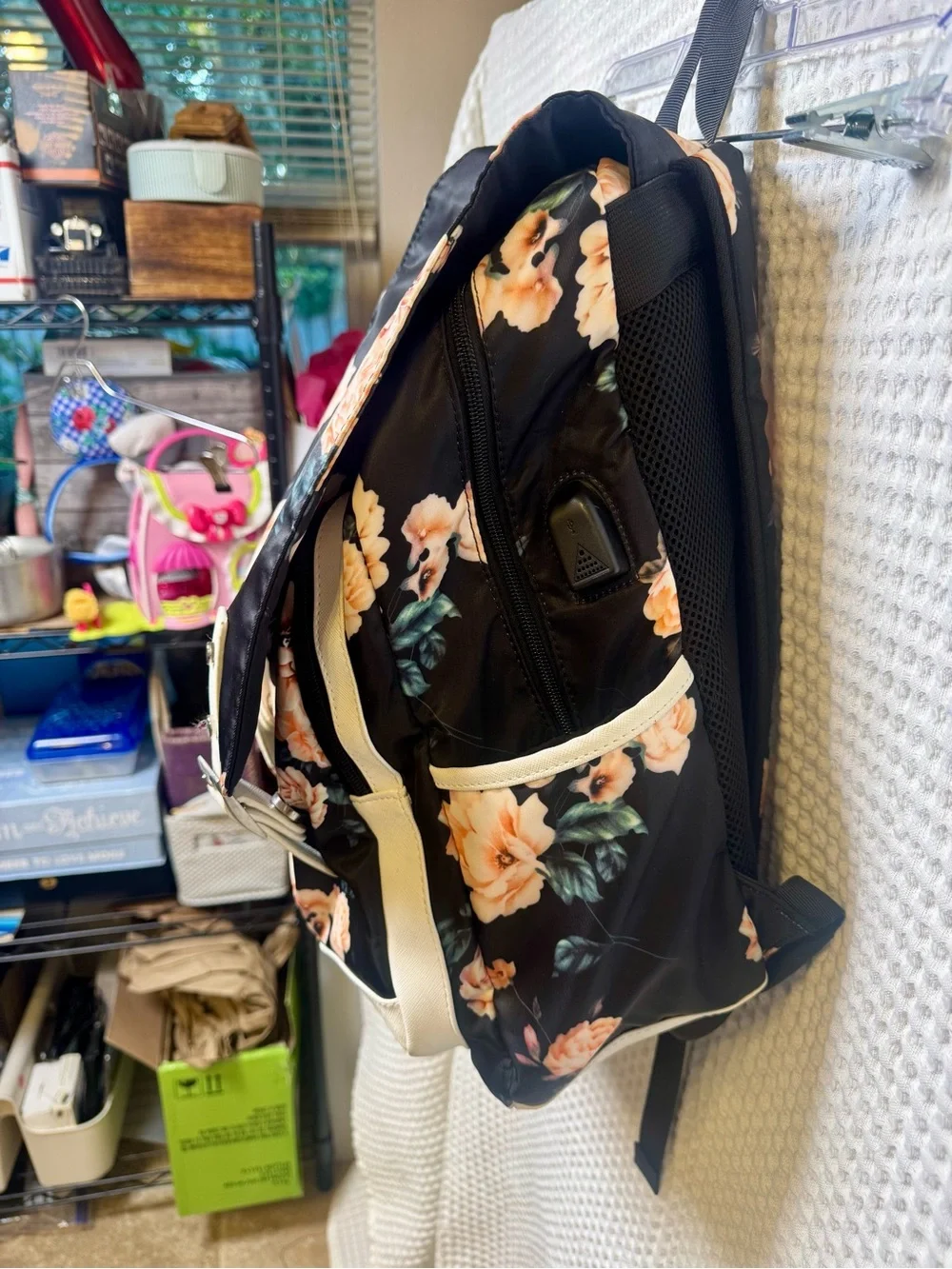 Floral USB Charging Tech Backpack Black with Peach Roses